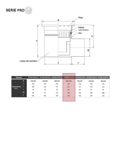 PRO KP300-D110-H1 Desagüe de suelo horizontal